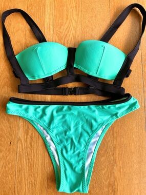 Turquoise and Black Contrast Bikini Set - Women's Swim